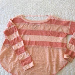 Free People Pink & Salmon Striped Top Lace Accent